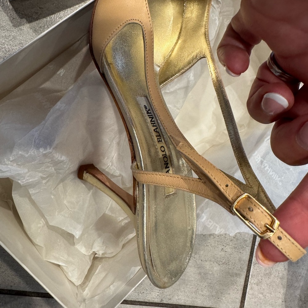Manolo Blahnik Nude and Silver Pointed-Toe Slingback Heels - Picture 8 of 16